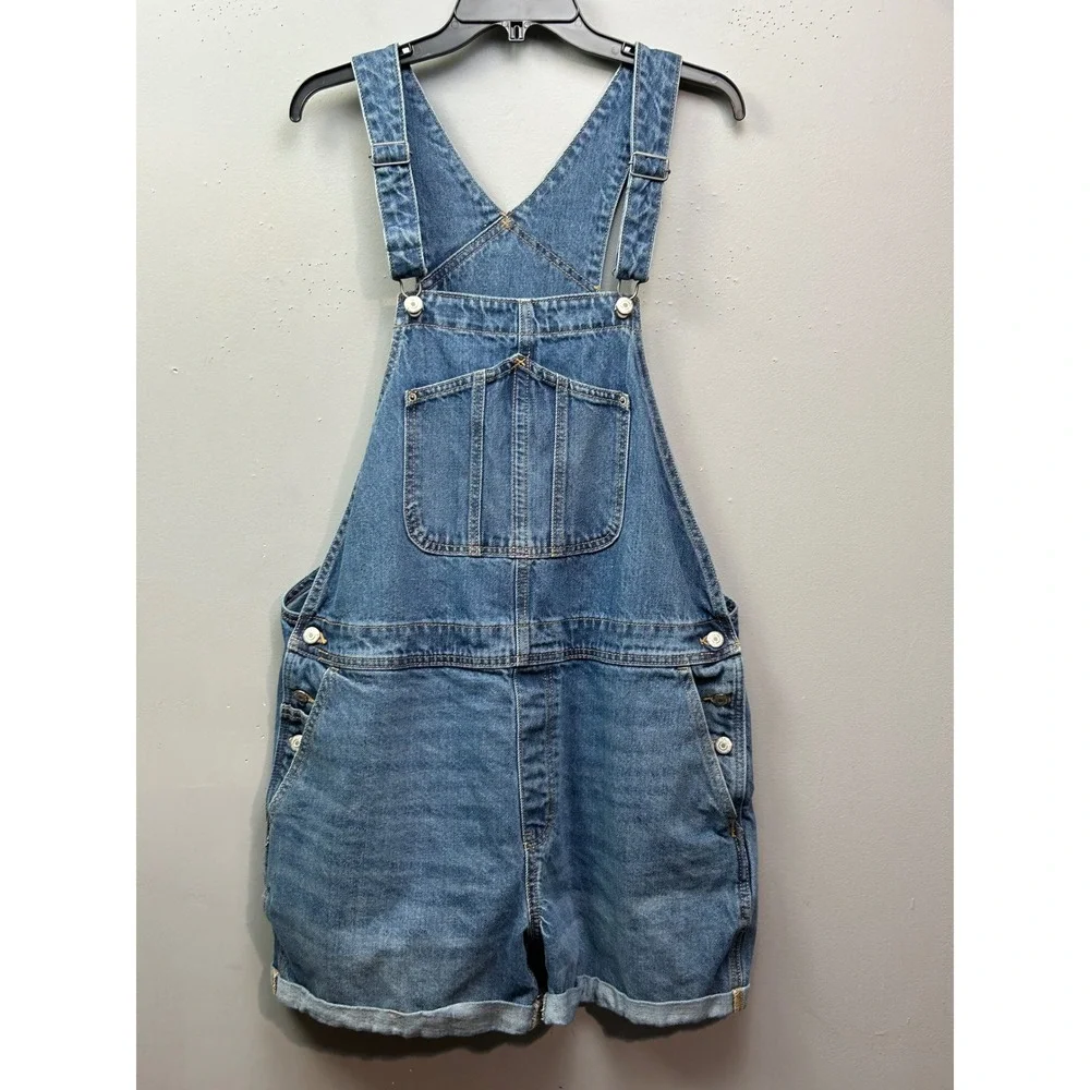 Old Navy Overalls Women XL Blue Denim Shortalls Utility Cuffed Medium Wash